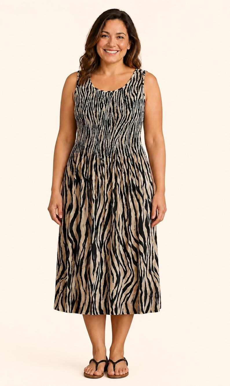 Croft & Barrow Women’s M Zebra Print Smocked Sleeveless Rayon Maxi Dress